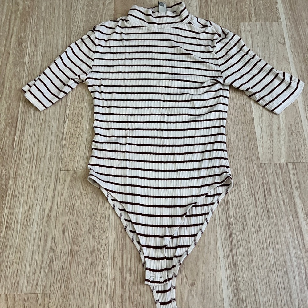 Forever 21 Maroon and Cream Striped Bodysuit